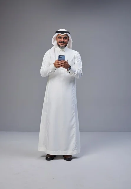 رجل سعودي بالزي التقليدي يستخدم الهاتف الذكي