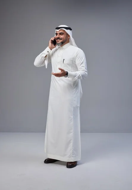 Saudi Man in Traditional Thobe Talking on Smartphone