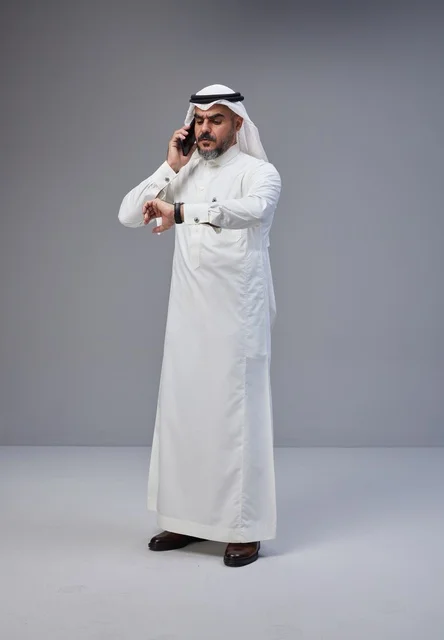 Saudi Man Talking on Phone and Checking Wristwatch