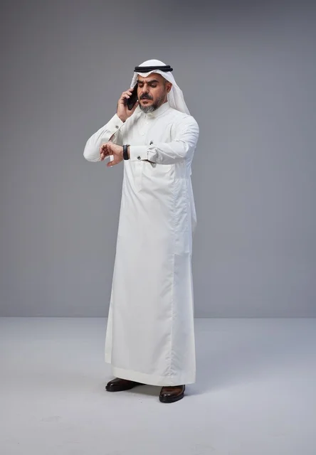 Saudi Man in Thobe on Phone Checking Wristwatch