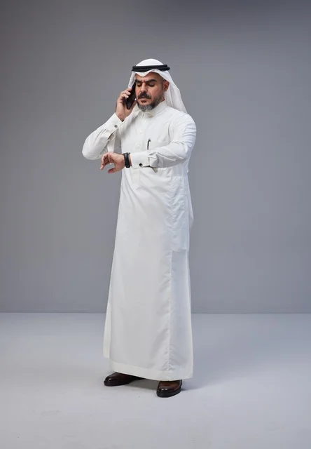 رجل سعودي بالزي التقليدي يتحدث بالهاتف وينظر للساعة