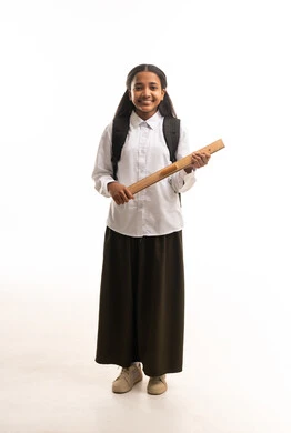 Saudi Schoolgirl with Backpack and Ruler on White Background