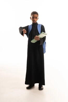 Saudi Student in Black Thobe with Thumbs Down Gesture