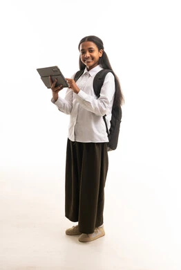 Saudi Schoolgirl with Tablet on White Background