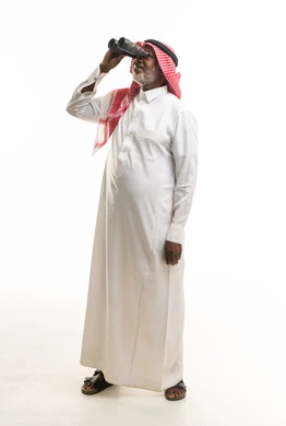 Saudi Man in Thobe Using Binoculars on White