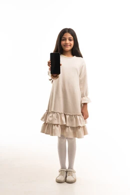 Arab Girl Holding Smartphone on White Background