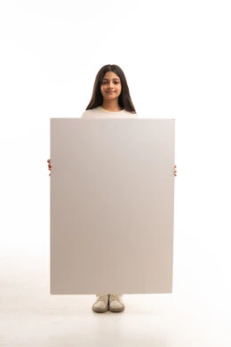 Saudi Girl Holding Large Blank Board White Background