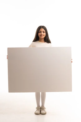 Saudi Girl Holding Large Blank White Board in Studio Saudi Girl Holding Large Blank White Board in Studio