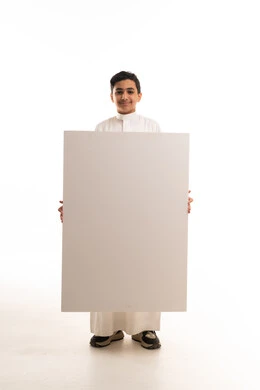 Saudi Boy in Thobe Holding Blank Board White Background