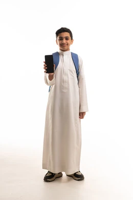Saudi Student in White Thobe Holding Smartphone Mockup