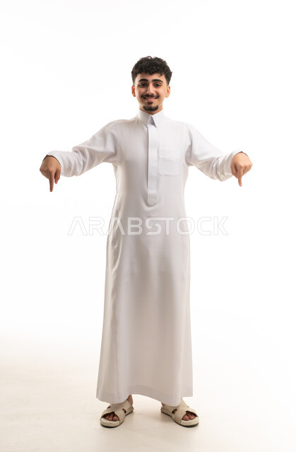 Saudi Man in White Thobe Pointing Down