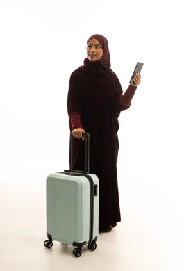 Arab Woman with Suitcase and Smartphone on White Background
