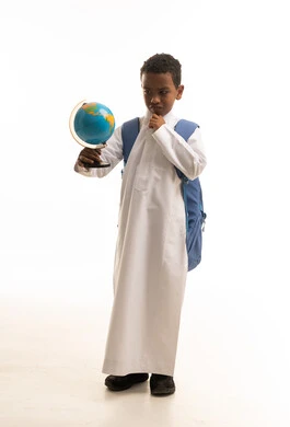 Saudi Schoolboy with Backpack and Globe on White Background