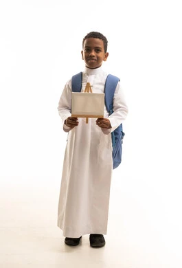 Saudi Boy with Backpack Holding Blank Canvas