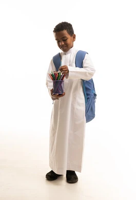 Saudi Boy Student with Backpack and Colored Pencils