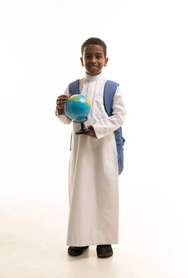 Saudi Schoolboy with Globe and Backpack on White Background