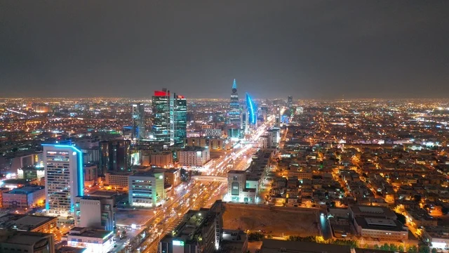 Riyadh City Skyline Night Aerial with King Fahd Road
