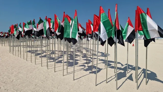UAE Flags on Sandy Beach for National Day Celebration
