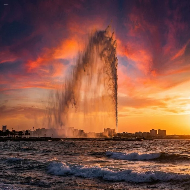 نافورة الملك فهد بجدة وقت الغروب مع أمواج البحر