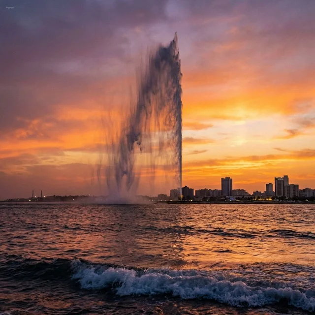 نافورة الملك فهد وأفق مدينة جدة عند ساحل البحر الأحمر