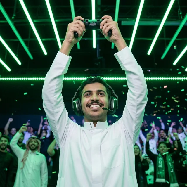 Saudi Gamer Celebrating Win in E-sports Arena