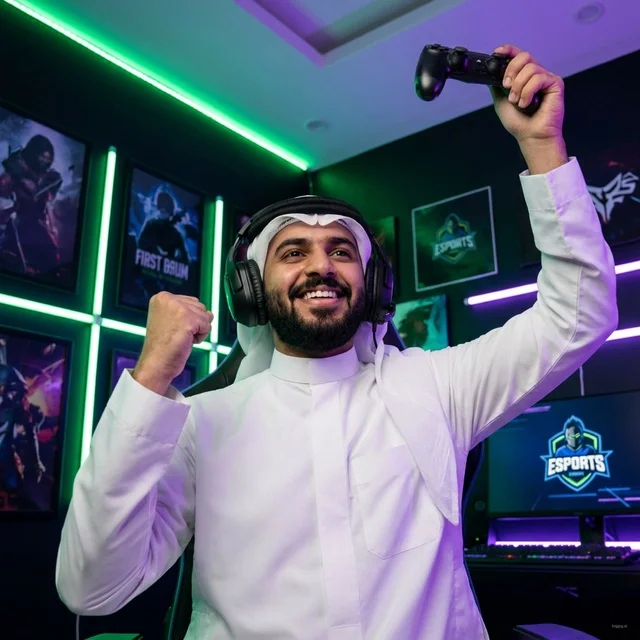 Saudi Gamer in Traditional Dress Celebrating Video Game Win