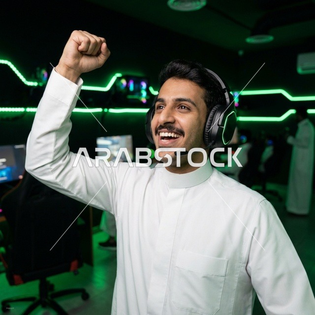 Saudi Man in Gaming Lounge Celebrating Esports Victory
