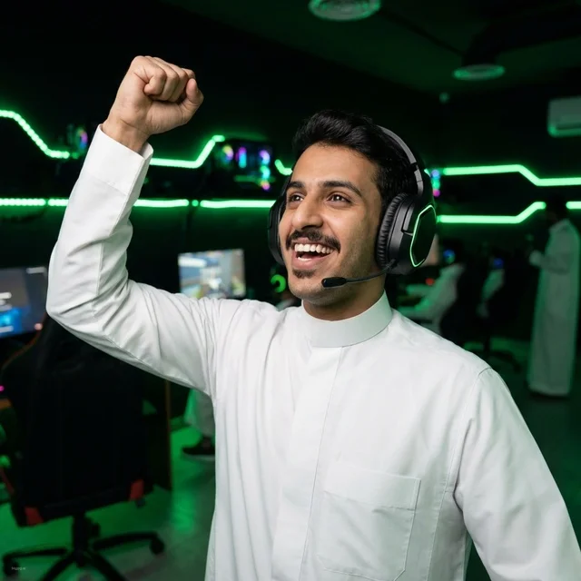 Saudi Man in Gaming Lounge Celebrating Esports Victory