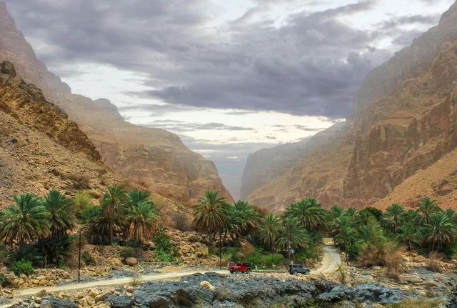 Mountain Valley with Palm Trees in Sultanate of Oman