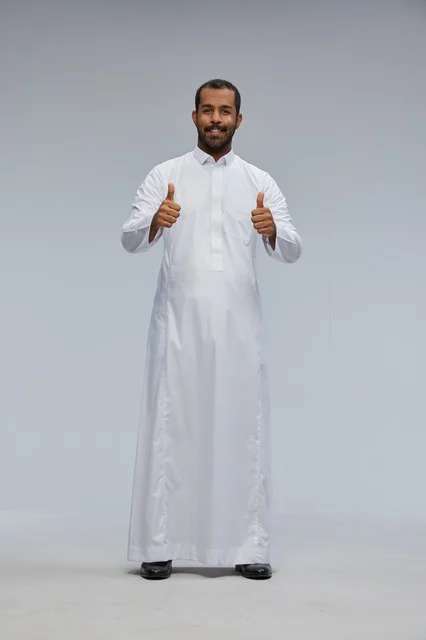 Saudi Man in White Thobe Giving Double Thumbs Up Studio
