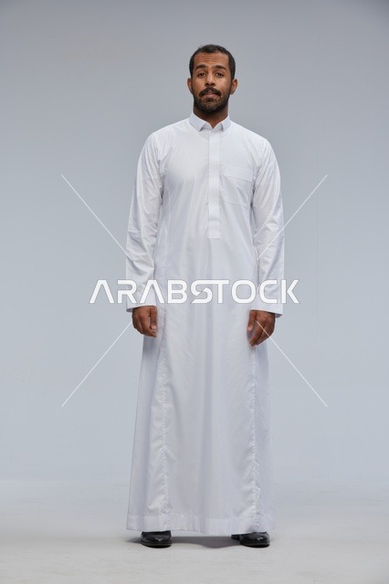 Saudi Man in Traditional White Thobe Studio Full Shot