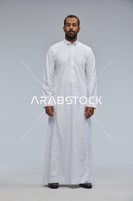 Saudi Man in White Thobe Studio Full Body Portrait