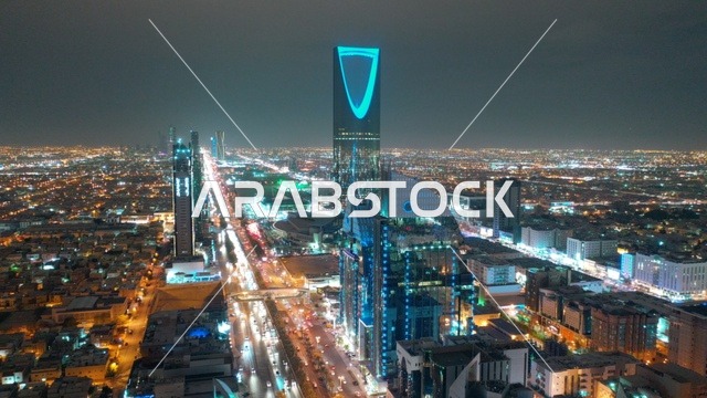 Riyadh Skyline with Kingdom Centre at Night Aerial View