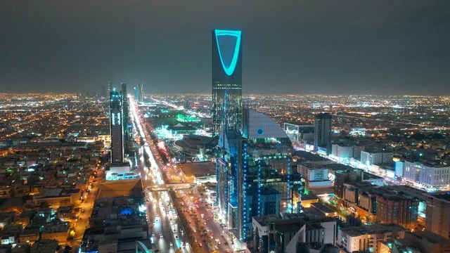 Riyadh Skyline with Kingdom Centre at Night Aerial View