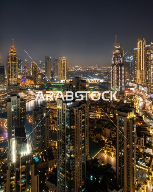 Downtown Dubai Skyline at Night with Glowing City Lights