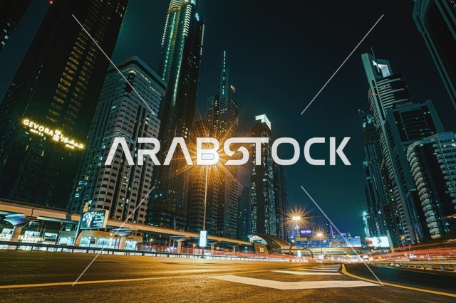Dubai Sheikh Zayed Road Skyscrapers and Gevora Hotel at Night