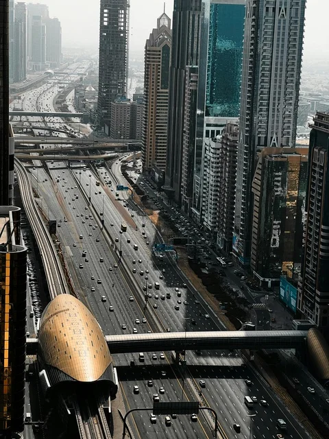 Sheikh Zayed Road Dubai Traffic and Skyscrapers Aerial