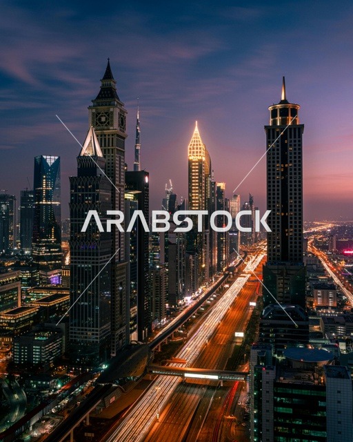 أفق شارع الشيخ زايد في دبي ليلاً مع أضواء المرور