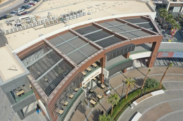 Aerial view of the modern Roshan commercial complex square in Riyadh, Saudi Arabia.