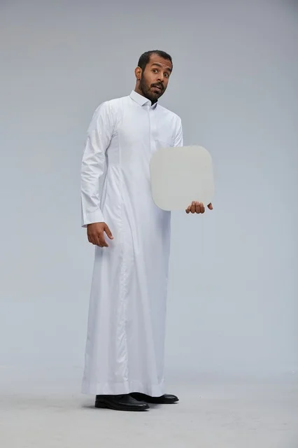 Saudi Man in White Thobe Holding Blank White Sign Board