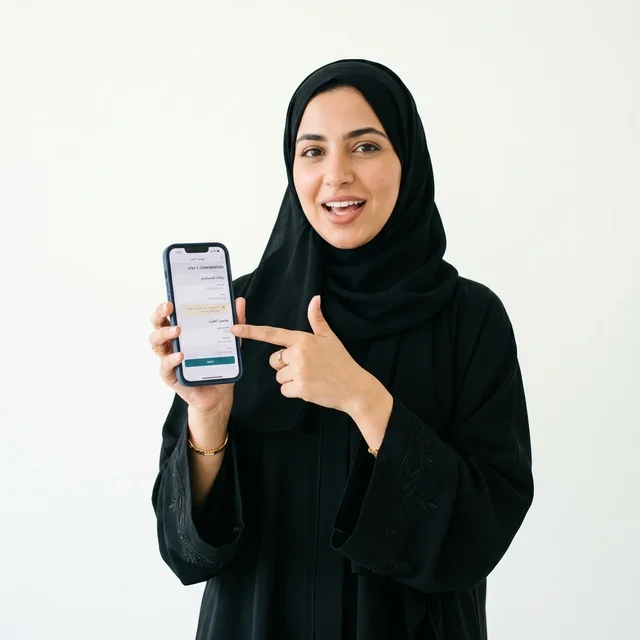 امرأة خليجية تشير لشاشة الجوال خلفية بيضاء