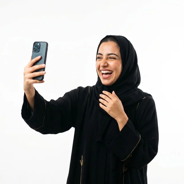 امرأة خليجية تضحك مع هاتف ذكي على خلفية بيضاء معزولة