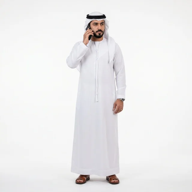 رجل خليجي بالثوب يتحدث بالهاتف على خلفية بيضاء
