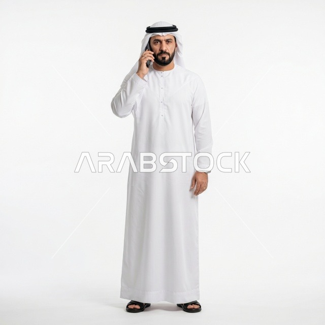 رجل خليجي بالثوب يتحدث بالهاتف على خلفية بيضاء