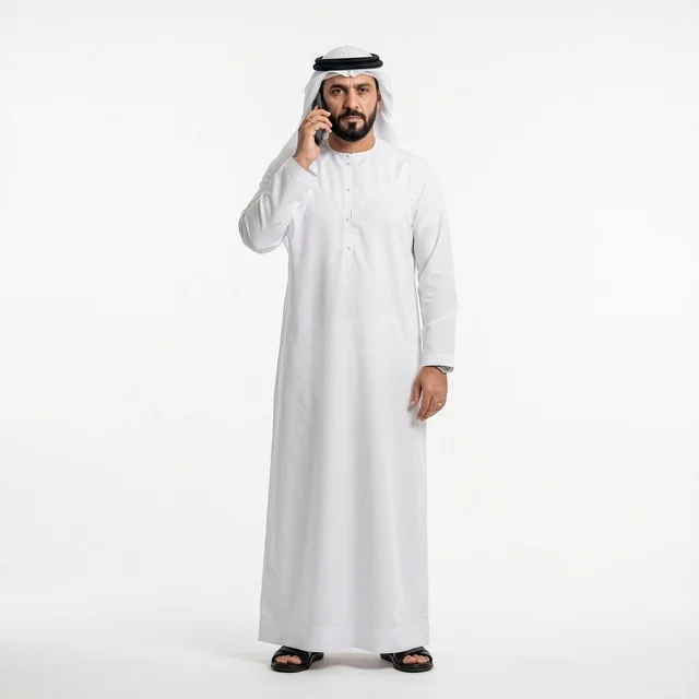 رجل خليجي بالثوب يتحدث بالهاتف على خلفية بيضاء