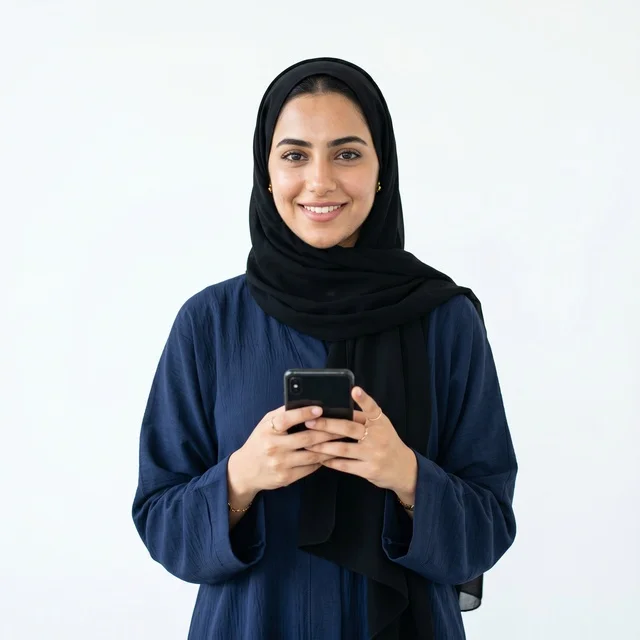 امرأة عربية بالعباءة تمسك هاتف ذكي على خلفية بيضاء