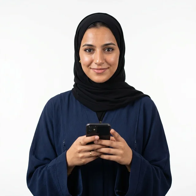 امرأة خليجية بالعباية تمسك هاتف ذكي خلفية بيضاء
