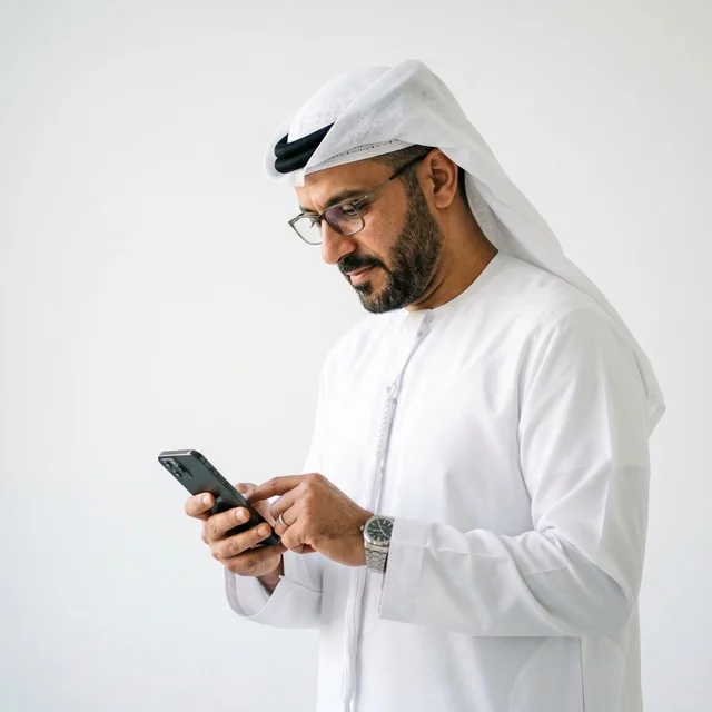 رجل أعمال خليجي بالثوب الأبيض يستخدم الهاتف الذكي