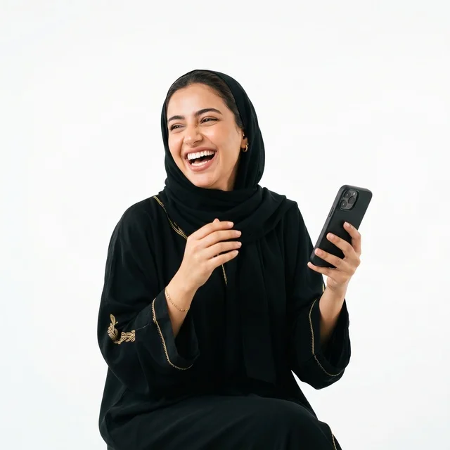 امرأة خليجية تضحك مع هاتف ذكي بخلفية بيضاء