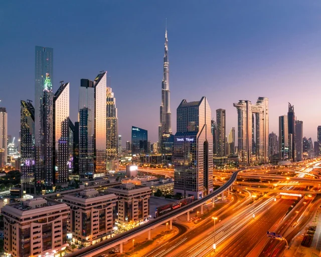 Burj Khalifa Dubai Skyline and Highway Light Trails